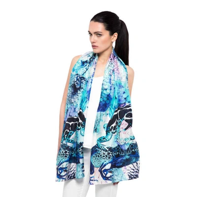 Cassandra Hone Frogs & Feathers Aqua Large Scarf