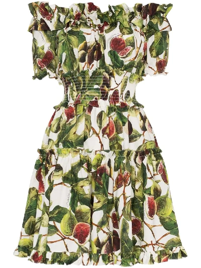 Shop Dolce & Gabbana Fig Print Off-the-shoulder Cotton Dress In Green