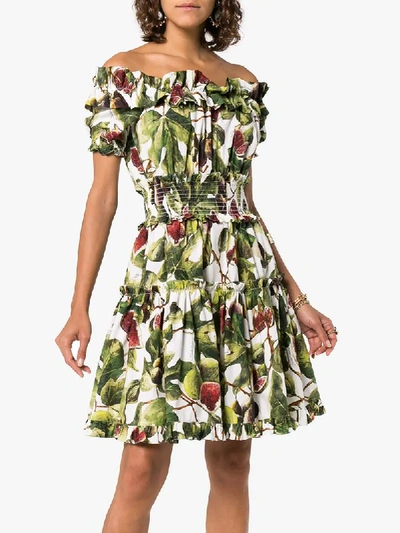 Shop Dolce & Gabbana Fig Print Off-the-shoulder Cotton Dress In Green