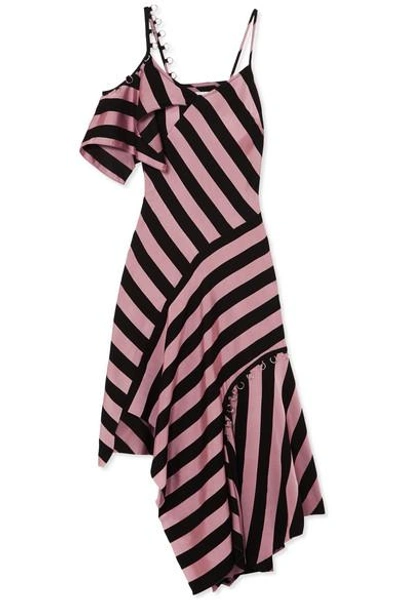 Shop Marques' Almeida Asymmetric Embellished Striped Satin-twill Midi Dress In Pink