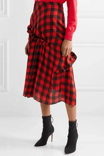 Shop Preen By Thornton Bregazzi Adrienne Ruffled Checked Silk-jacquard Midi Skirt In Red