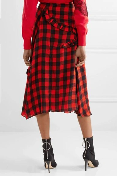 Shop Preen By Thornton Bregazzi Adrienne Ruffled Checked Silk-jacquard Midi Skirt In Red