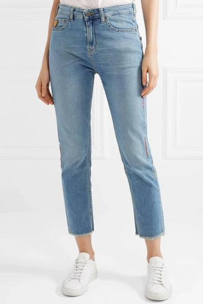 Shop Mira Mikati Cropped Embroidered High-rise Straight-leg Jeans In Blue