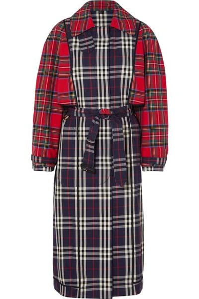 Shop Burberry Patchwork Checked Cotton Trench Coat In Navy