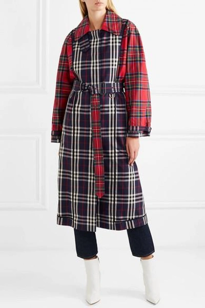 Shop Burberry Patchwork Checked Cotton Trench Coat In Navy