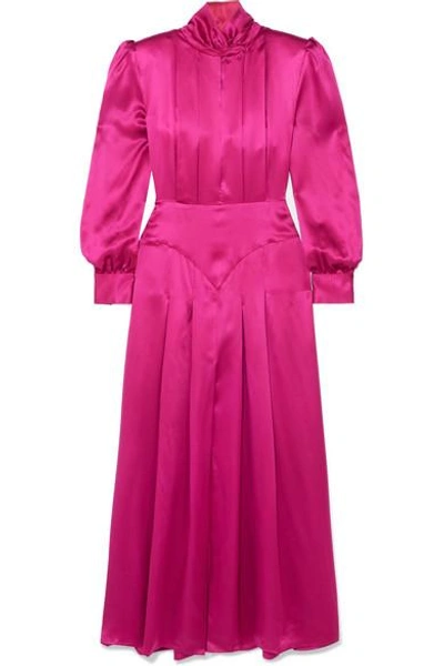 Shop Alessandra Rich Pleated Silk-satin Midi Dress In Fuchsia