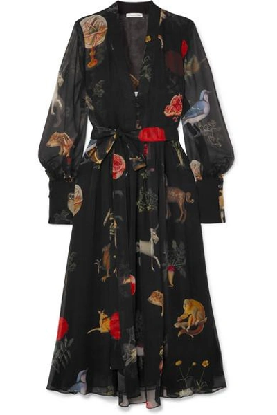 Shop Oscar De La Renta Belted Printed Silk-chiffon Midi Dress In Black