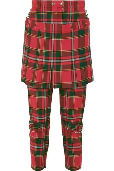 Shop Burberry Layered Tartan Wool-blend Slim-leg Pants In Red