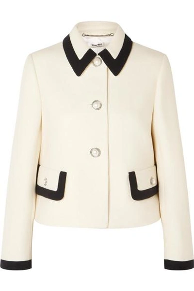 Shop Miu Miu Faux Pearl-embellished Wool-crepe Jacket In Ivory