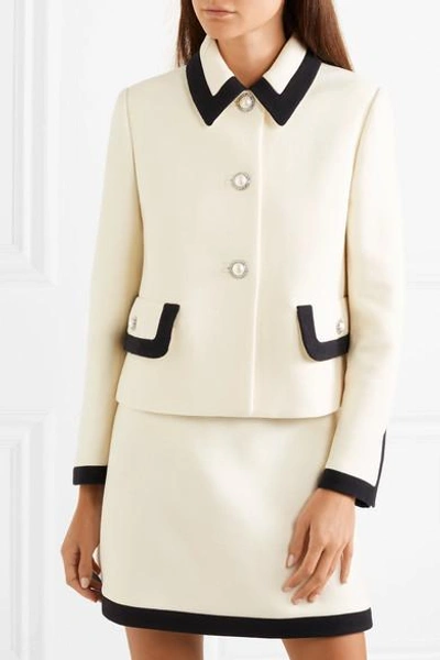 Shop Miu Miu Faux Pearl-embellished Wool-crepe Jacket In Ivory