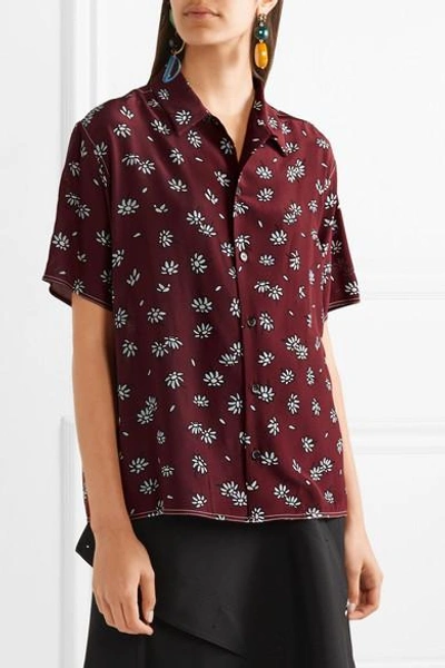 Shop Marni Floral-print Silk-crepe Shirt In Burgundy