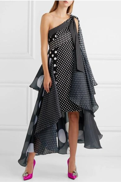 Shop Richard Quinn Asymmetric Polka-dot Taffeta Dress In Black