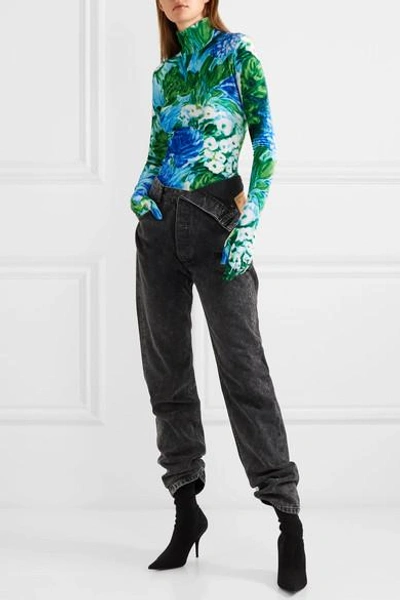 Shop Richard Quinn Floral-print Velvet Turtleneck Top In Azure