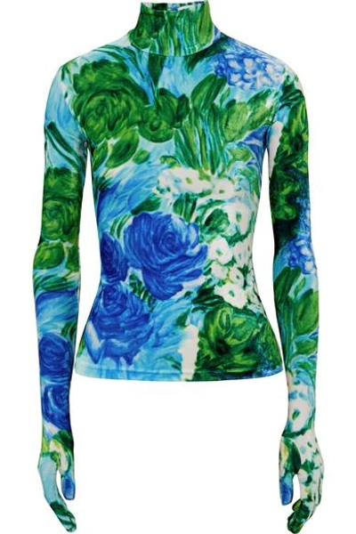 Shop Richard Quinn Floral-print Velvet Turtleneck Top In Azure