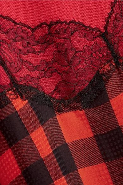 Shop Preen By Thornton Bregazzi Caia Lace-trimmed Gingham Silk-jacquard And Wool-blend Sweater In Red