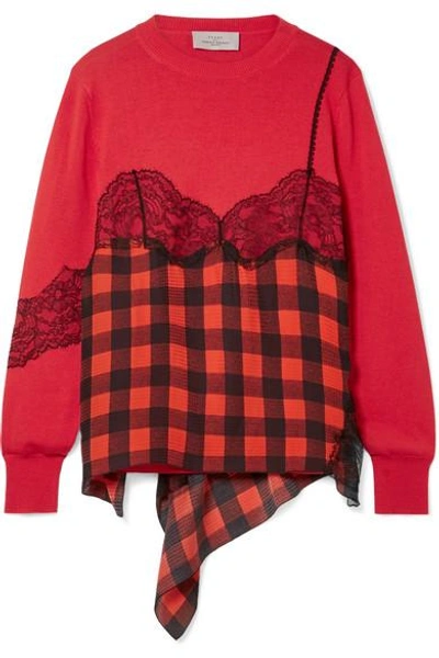 Shop Preen By Thornton Bregazzi Caia Lace-trimmed Gingham Silk-jacquard And Wool-blend Sweater In Red