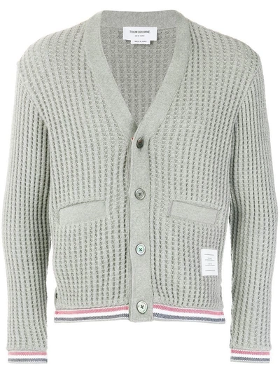 Shop Thom Browne Oxford Stripe Chunky Waffle Knit V-neck Cardigan - Grau In Grey