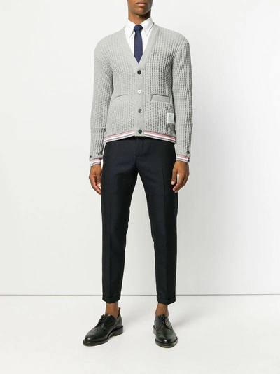 Shop Thom Browne Oxford Stripe Chunky Waffle Knit V-neck Cardigan - Grau In Grey