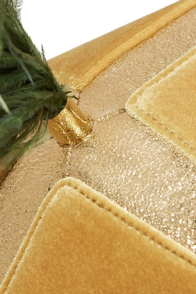Shop The Volon Cindy Feather-trimmed Metallic Leather And Velvet Clutch In Gold