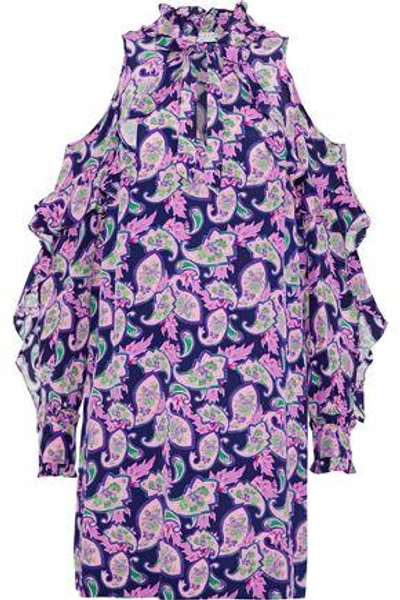 Shop Sandro Emiko Cold-shoulder Printed Silk Crepe De Chine Mini Dress In Lavender