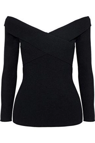 Shop Sandro Woman Jova Off-the-shoulder Ribbed-knit Top Black