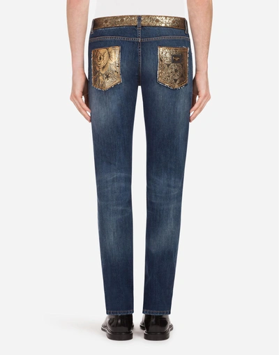 Shop Dolce & Gabbana Gold Fit Stretch Jeans With Brocade Details In Blue