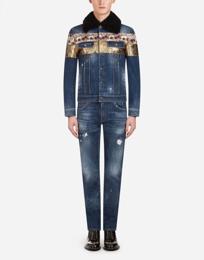 Shop Dolce & Gabbana Gold Fit Stretch Jeans With Brocade Details In Blue