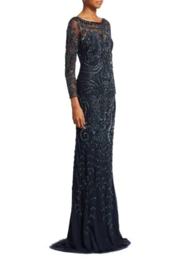 Shop Theia Tulle Embroidered Gown In Midnight