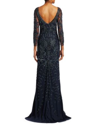 Shop Theia Tulle Embroidered Gown In Midnight