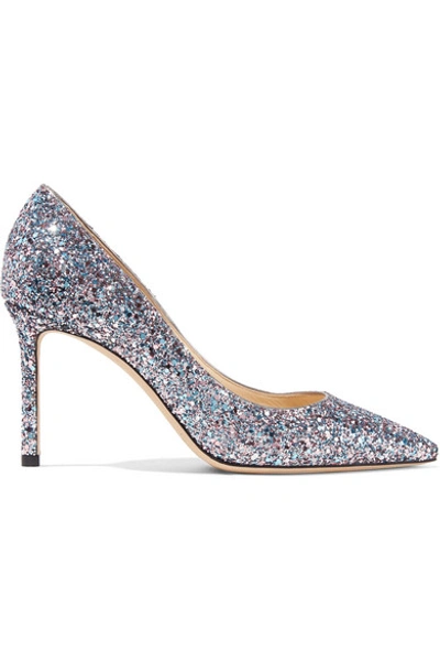 Shop Jimmy Choo Romy 85 Glittered Leather Pumps In Silver