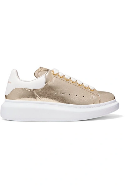 Shop Alexander Mcqueen Metallic Cracked-leather Exaggerated-sole Sneakers In Gold