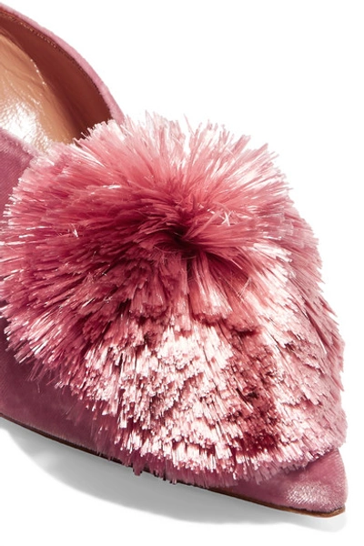 Shop Aquazzura Powder Puff Pompom-embellished Velvet Mules In Baby Pink