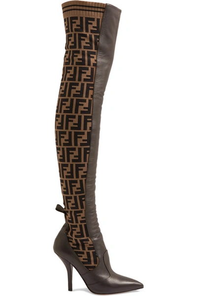 Shop Fendi Rockoko Logo-jacquard Stretch-knit And Leather Over-the-knee Boots In Brown