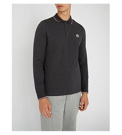 Shop Moncler Stripe-trim Cotton-piqué Polo Shirt In Dk Grey