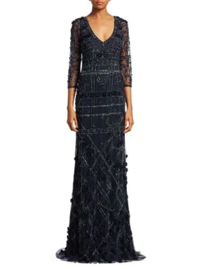 Shop Theia Embroidered V-neck A-line Gown In Midnight