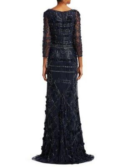 Shop Theia Embroidered V-neck A-line Gown In Midnight