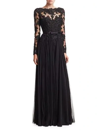 Shop Badgley Mischka Lace Bodice Georgette A-line Gown In Black