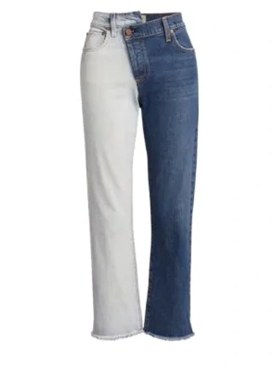 Shop Alice And Olivia Two-tone Reconstructed Boyfriend Jeans In Double Vision Indigo