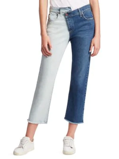 Shop Alice And Olivia Two-tone Reconstructed Boyfriend Jeans In Double Vision Indigo