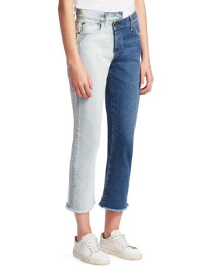 Shop Alice And Olivia Two-tone Reconstructed Boyfriend Jeans In Double Vision Indigo