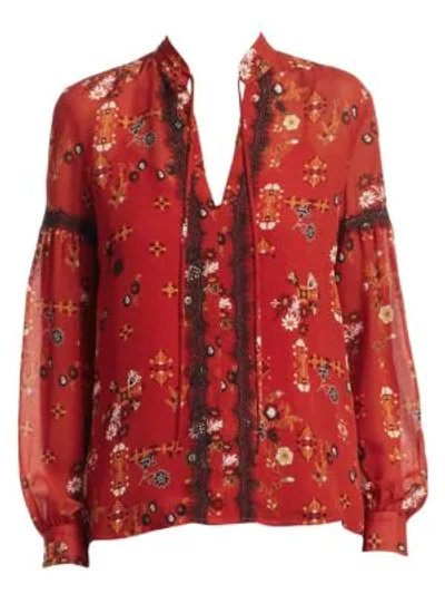 Shop Derek Lam 10 Crosby Silk Lace Trimmed Floral Blouse In Chili Red