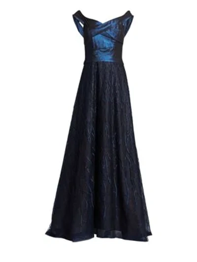Shop Rene Ruiz Off-the-shoulder Embellished A-line Gown In Deep Navy Blue