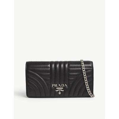 Shop Prada Black Quilted Logo Leather Wallet On Chain