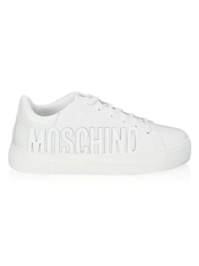 Shop Moschino Leather Logo Sneakers In White