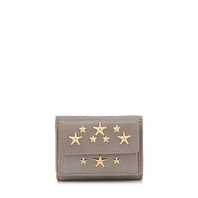 Shop Jimmy Choo Nemo Light Khaki Pearlized Grainy Leather Small French Wallet With Gold Studs In Light Khaki/gold
