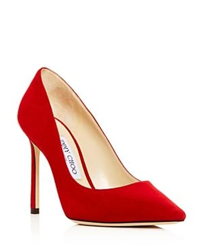 Shop Jimmy Choo Women's Romy 100 Suede Pointed Toe Pumps In Red