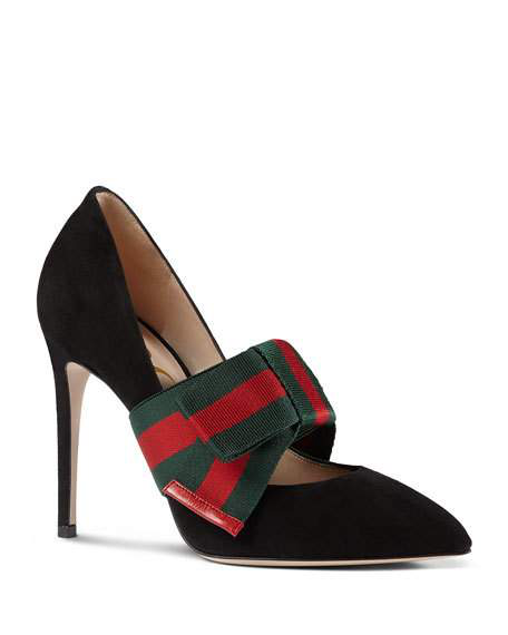 gucci suede pump with removable web bow