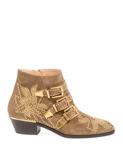 Shop Chloé Suzanna Studded Suede Buckle Bootie, Dark Greige