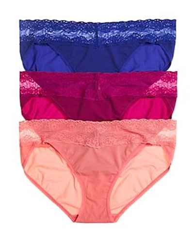 Shop Natori Bliss Perfection V-kinis, Set Of 3 In Plumberry/perse/pink