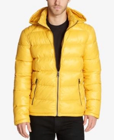 Shop Guess Men's Hooded Puffer Coat In Yellow